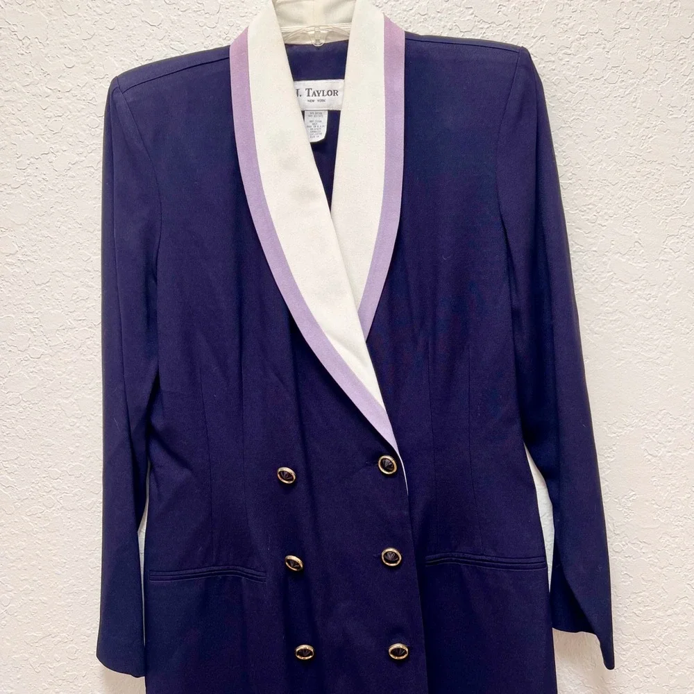 Vintage J. Taylor Navy Blue Blazer Dress Shawl Collar Double Breasted Size 14 - Picture 2 of 6